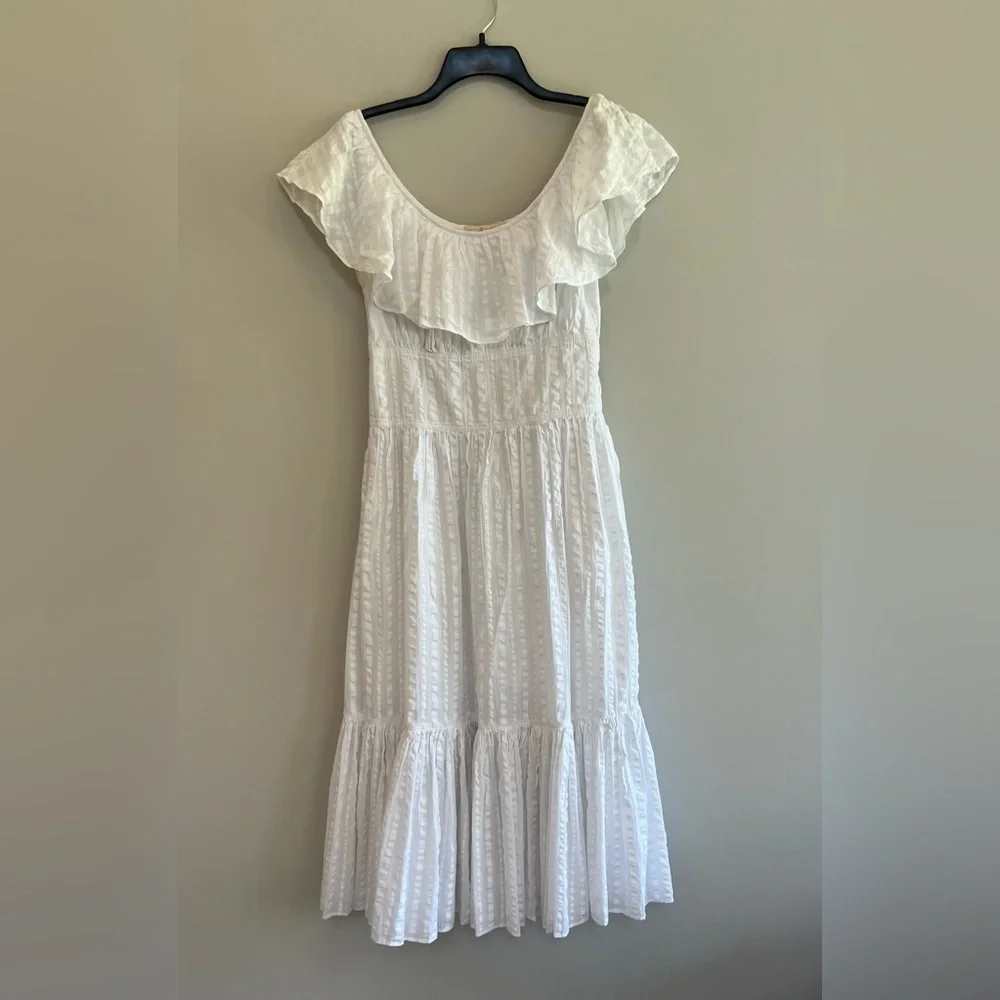 Tory Burch Off Shoulder White Cotton Seersucker Striped Ruffle Dress, size 2 - Picture 12 of 13